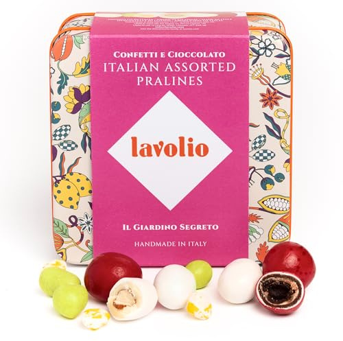 Lavolio Il Giardino Segreto 150g Confetti Cioccolato e Frutta, Latta Regalo | Confetti italiani al cioccolato con amarena, limone e mandorla