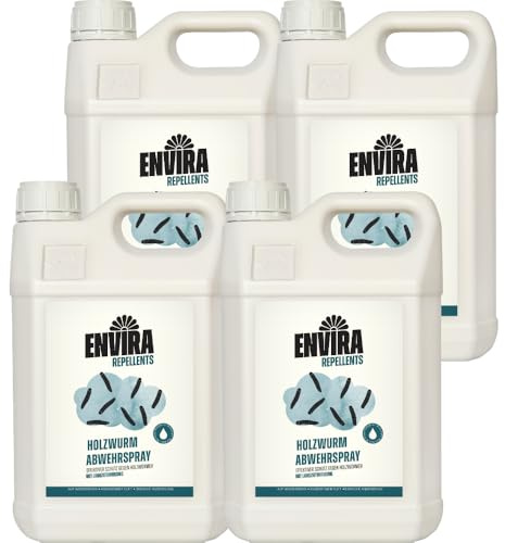 Envira Holzwurm Abwehrspray 4 x 5 Liter - Spray mit Langzeitwirkung gegen Holzbock & Holzwurm - Mittel gegen Holzwürmer für innen - Effektives Holzwurmmittel & Holzwurmschutz