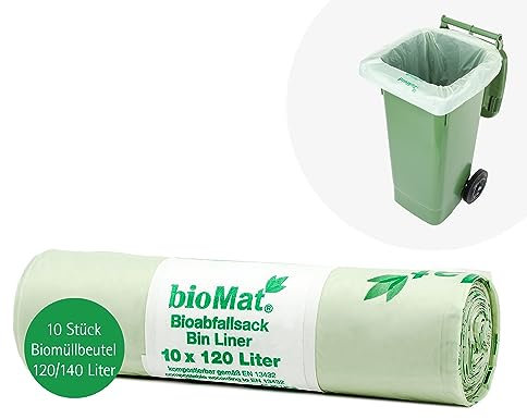 bioMat Kompostierbare 120/140l Biomüllbeutel, 10 Müllsäcke für Biotonne, Restmülltonne, Made in Germany, Premium-Qualität, Klimaneutral