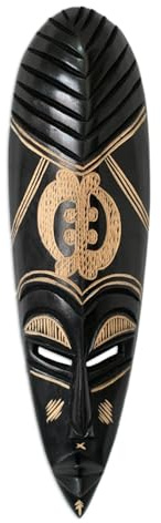 NOVICA Black And Gold Painted Hand Carved Ghanaian Large Wooden Wall Mask, 'God Is My Guide'