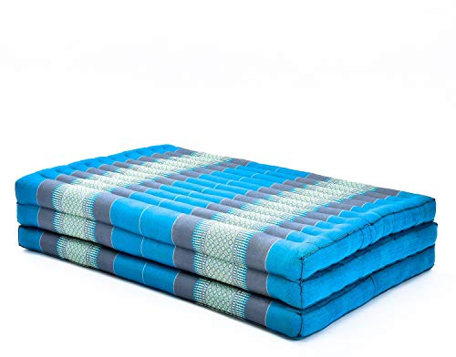 Leewadee Trifold Madrass XL – Bekväm thaimassagedyna, hopfällbar avslappningsmadrass fylld med miljövänlig kapok, perfekt att använda som liggunderlag, Ljusblå