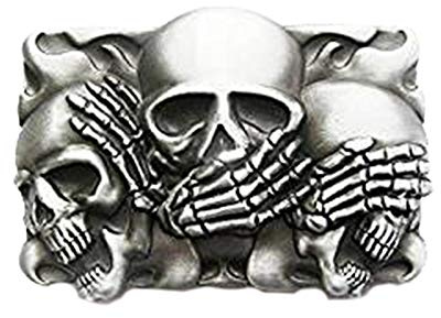 eeddoo® Gürtelschnalle - Die DREI Skulls - Nichts Sagen/hören/sprechen (Buckle für Wechselgürtel Damen & Herren | Belt Frauen Männer Oldschool Rockabilly Metall Totenkopf Tod Totenschädel Death)