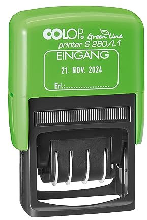 COLOP Printer S260 L1 Green Line Stempel, Text Eingang, Abdruck blau-rot, Datum Deutsch, Produkt im Faltkarton