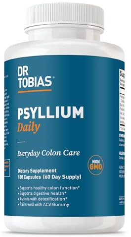 Dr. Tobias Psyllium Daily, Supports Healthy Bowel Movement, Psyllium Husk Capsules with Bentonite Clay, Flaxseed & Natural Ingredients, Daily Fiber Supplement in Support of Colon Health, 180 Capsules