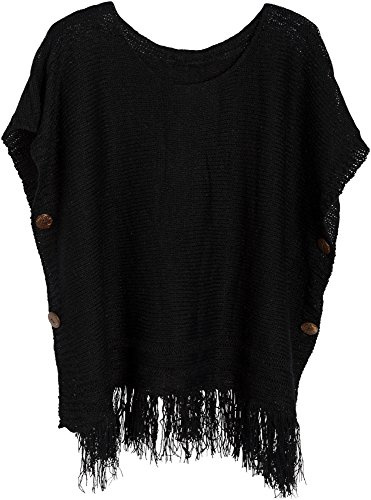 styleBREAKER Stickad poncho med ärmar och dekorativa knappar i elegant skimmer, rund hals, dam 08010017, färg:, svart, one size