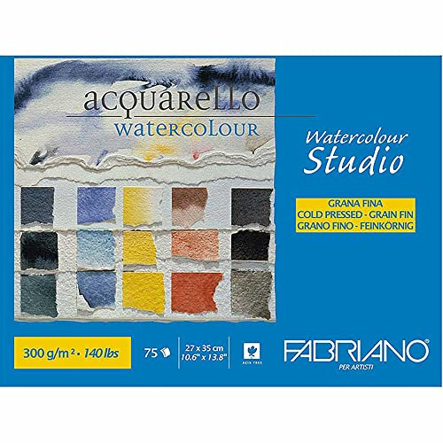 Fabriano Honsell 75302735 Watercolour - Blocco di cartone per acquerelli, incollato a testa, 300 g/m², 27 x 35 cm, 75 fogli, bianco naturale, grana fine, senza acidi, superficie vellutata