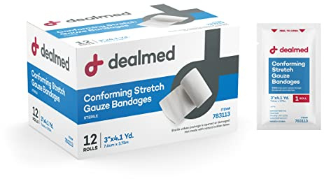 Dealmed 2 Sterile Conforming Stretch Gauze Bandages, 4.1 Yards Latex Free Stretched Dressing Wrap, Medical Non-Adherent Wound Care Mesh Bandages (Box of 12 Rolls)