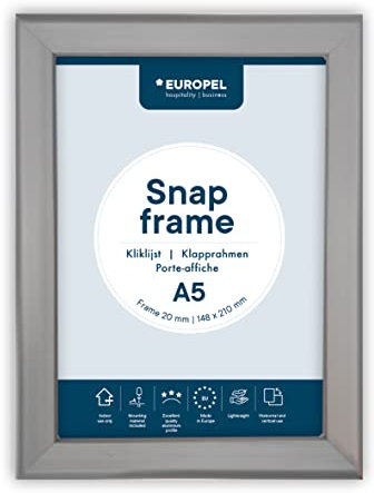 EUROPEL Cornice a scatto A5, 20 mm | Struttura in alluminio anodizzato e copertura antiriflesso | Supporto per poster a clip per display pubblicitari e vendita al dettaglio | Cornice per bacheca per