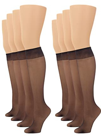No nonsense Women's Sheer Knee High, Nylons for Women with Comfort Top, Nylon Trouser Stockings, Midnight Black, 8 Pair Pack, Plus