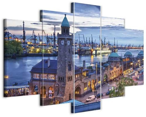 B&D XXL - Leinwandbild Hamburg 100x50cm, 100x50 cm, 5-teilig, Schlafzimmer | Hochwertige Leinwand, sofort aufhängbar, ideal fürs Wohn- oder Schlafzimmer, wasserfest und lichtecht, langlebig, stilvoll