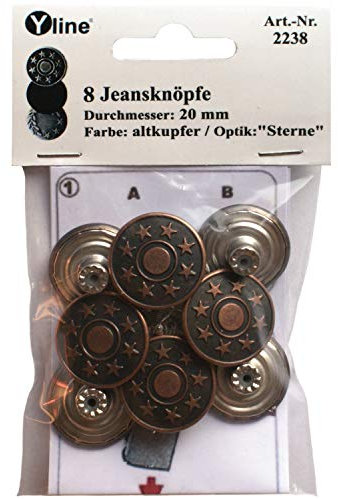 8 Jeans Knöpfe altkupfer 20 mm, Jeansknöpfe Metallknopf, Metall Knöpfe, nähfrei, im Polybeutel, sl, 2238