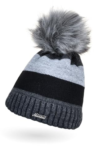 Neverless Dicke, gestreifte Damen Strickmütze gefüttert mit Kunstfell-Bommel, Strick-Beanie, Winter-Mütze