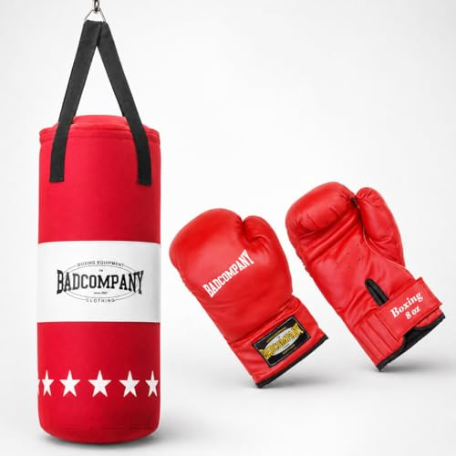 Bad Company Kit de boxe pour enfants et adolescents jusqu'à 12 ans Rouge, Rempli avec suspension 55 x 25 cm et gants de boxe 8oz | Ensemble sac de frappe suspendu
