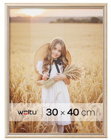 WOLTU Bilderrahmen 30x40, Fotorahmen aus Massivholz und PS-Platte, Holzrahmen mit Passepartout, zum vertikalen oder horizontalen Aufhängen/Aufstellen, Posterrahmen Collage Wanddeko, Gold