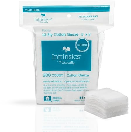 Intrinsics Petite 2x2 Gauze Pads (200 Count) – 12-Ply Lint Free Cotton Pads for Face & Gentle Exfoliation | Medical-Grade Gauze Pads for Professional Esthetic Use | Hypoallergenic and 100% Pure Cotton