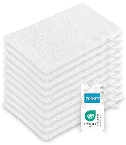 ZOLLNER 10er Set Waschhandschuhe in 16x21 cm - saugstarke und Flauschige Waschlappen aus Baumwolle - waschbar bis 95°C - mit praktischem Aufhänger - in weiß - Hotelqualität