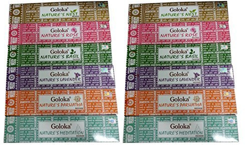 Goloka Nature's Nest - Bastoncini di incenso naturali, assortiti (12 confezioni da 15 bastoncini), fragranze: rifugio, lavanda, rosa, meditazione, parijatha, basilico (2 confezioni per ogni fragranza)
