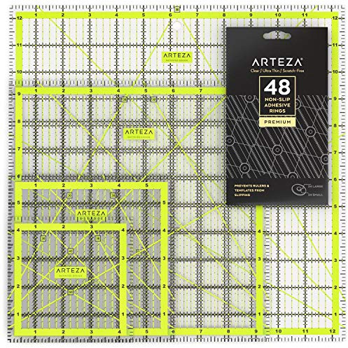ARTEZA Quilting Rulers Set of 4, Acrylic Square Quilting Rulers for Sewing and Fabric Cutting, 4.5 x 4.5, 6 x 6, 9.5 x 9.5, 12.5 x 12.5 Inch, Dual-Color Grid, 30/45/60 Degree, 48 Non-Slip Rings
