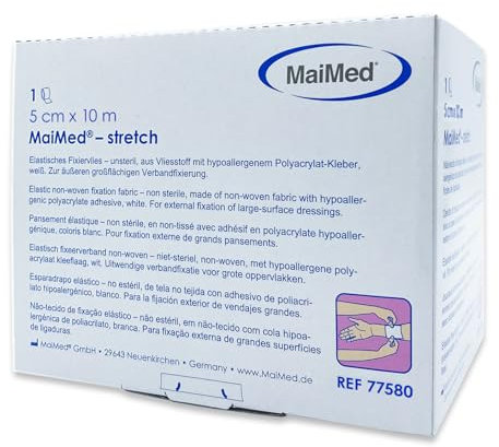 MaiMed Stretch 5cm x 10m Fixierpflaster Rolle | Elastisches Klebeband für Verbände | Hypoallergenes Fixiervlies | Medizinisches Klebepflaster