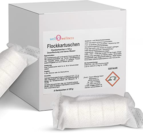 Flockkartuschen 1,0 kg (8 x 125g) - Flockungsmittel - Wirkt gegen Trübungen - Einfache Anwendung - Pool-Reinigung - Reinigungskartuschen | 8 x 125g, Wirkt sofort gegen Trübungen, Einfache Anwendung