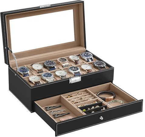 SONGMICS Uhrenbox mit 2 Ebenen, Uhrenkasten, 12 Fächer und 1 Schublade, Glasdeckel, Uhrenkoffer, für Ringe, Armbänder, Samtfutter in Beige, Pu-Bezug in Schwarz JWB012