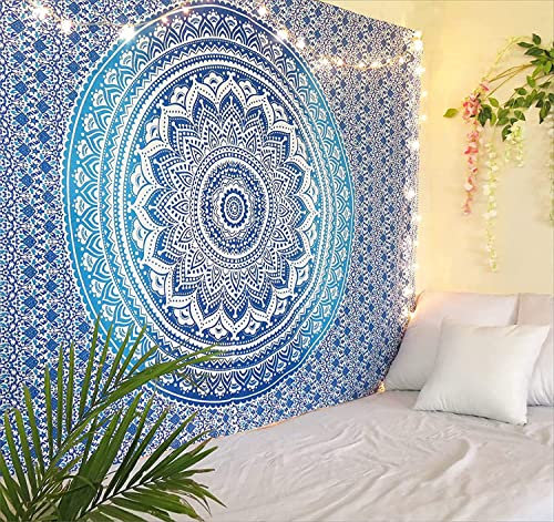 Wandteppich Mandala Hippie Wandtuch Blau - 213X137 cm - Omber Dekorativer Twin Böhmischer Boho Wandbehang Tapisserie Goa Wandtuch Tapestry für Wohnzimmer Dekor, Schlafzimmer wandteppiche