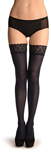 Dark Blue Luxurious Hold Ups With Floral Silicon Lace 60 Den - Blau Halterlose Strümpfe Einheitsgroesse (34-42)