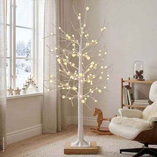 hellum LED Birke mit weißen Kugeln, LED Baum mit 120 warmweißen LED für außen, Baum mit 5m transparenter Zuleitung und mit Stecker 576856