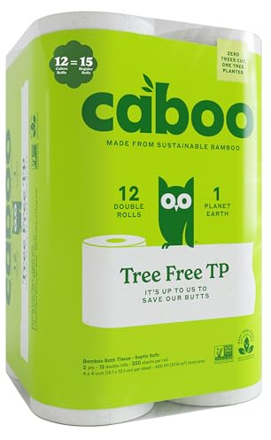 Caboo Bamboo Bath Tissue Tree-Free Paper Product | Organic Bamboo and Sugarcane Pulp | Big 3-Ply Unscented Toilet Paper Double Rolls | 100% Sustainable and Organic | 200 Sheets Per Roll | 12 Pack