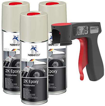 AUPROTEC Pistolengriff + Normfest 2K Grundierfüller Epoxy Lack Füller Grundierung Spray matt beige 3x 400ml
