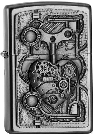 Zippo Sturmfeuerzeug - Steampunk Heart, Satin Chrome, Emblem - Nachfüllbar - Wiederverwendbar - Windfestes Design - Geschenkbox - Made in USA