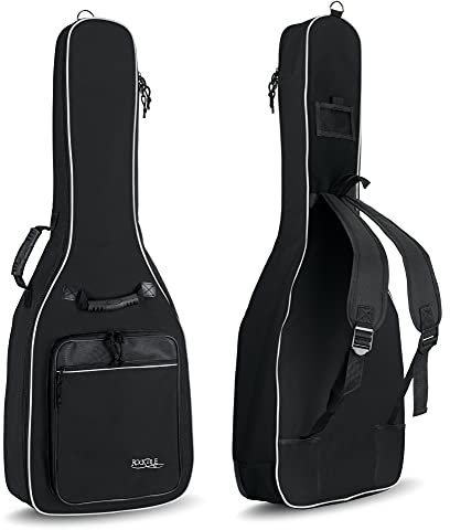 ROCKTILE Klassik-Gitarrentasche 4/4-Größe - wasserabweisender Gigbag mit weicher Polsterung und Fixierung im Halsbereich - Rucksack-Gurte - Große Aufsatztaschen für Noten und Zubehör - Schwarz
