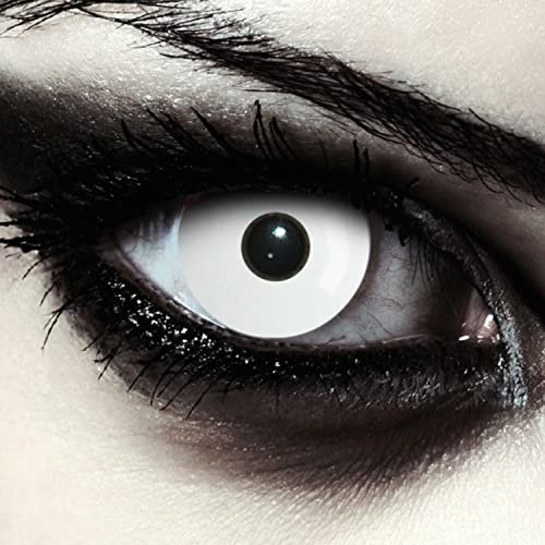 DESIGNLENSES, weiße farbige Zombie Kostüm Kontaktlinsen, 1 Paar (2 St.) Farblinsen für Halloween in weiß + Gratis Behälter Whiteout mit Stärke -2,50