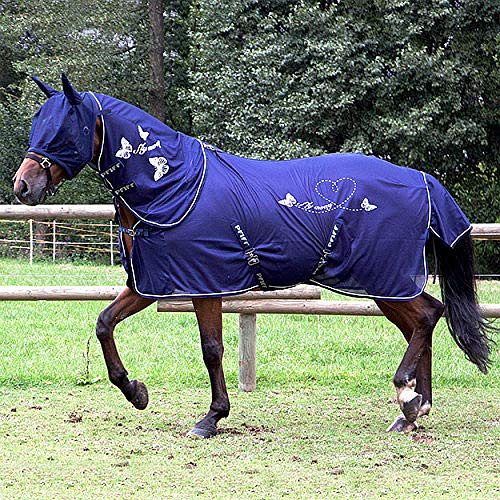 PFIFF 102142 Fliegendecke für Pferde, Motiv Schmetterling, engmaschig hochwertig, blau, 95