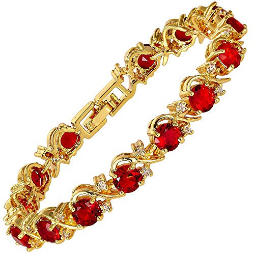 RIVA Blume Tennis Armband [18cm/7inch] mit Rundschliff Edelstein Zirkonia CZ [Rot Rubin] in 18K Gelbgold Vergoldet, Einfache Moderne Eleganz