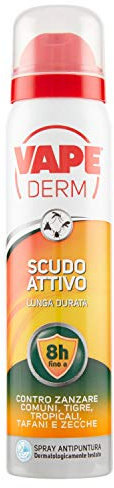 Vape Derm Lo Scudo Attivo Spray Antipuntura, Repellente Zanzare, Protegge da Zanzara Comune, Tigre, Anofele e Zecche, Non Unge, Resistente alla Sudorazione, Efficace Fino a 8 Ore, 100 ml