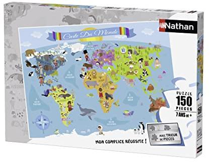 NATHAN - Kinderpuzzle - 150 Teile - Weltkarte - Mädchen oder Jungen ab 7 Jahren - Hochwertiges Puzzle - Dicker und haltbarer Karton - Kartografie - 86806