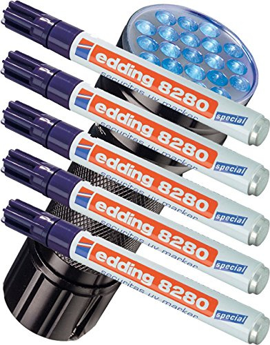 5er Pack edding Spezialmarker edding 8280 securitas UV marker, 1,5 - 3 mm, farblos + eine UV LED Lampe