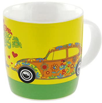 BRISA VW Collection - Käfer Kaffeebecher Keramiktasse 370 ml | Volkswagen Teetasse mit Henkel, Tauglich für Spülmaschine, Mikrowelle Retro Küche Camping, New Bone China, Blumen/Gelb