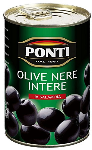 Ponti, Olive Nere Intere, Ideali da Aggiungere ad Insalate e Pizze, Ottimi anche come Antipasto, dal Sapore Ricco e dalla Consistenza Succosa, 100% Made in Italy, 12 Vasi da 400 g