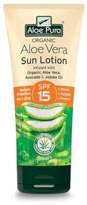 Aloe Pura Sun Cream Lotion SPF 15, Soothing Aloe Vera, Medium Protection UVA & UVB, Hyrdate and Protect, Natural, 200ml