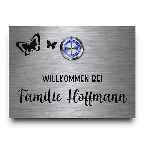 Robuste Edelstahl Klingel mit Wunschgravur und Motiven - Modell Hoffmann ab 9x7 cm | mit modernem LED-Klingelknopf und diversem Zubehör - große Motivauswahl und Gestaltungsmöglichkeiten