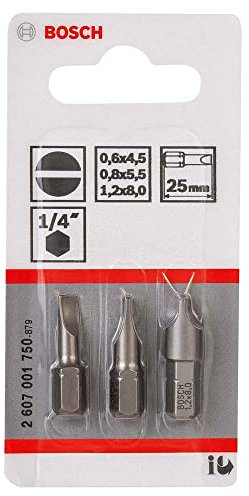 Bosch 2 607 001 750 - Set de 3 puntas de atornillar extraduras (S) - S 0,6x4,5; S 0,8x5,5; S 1,2x8,0 (pack de 3)