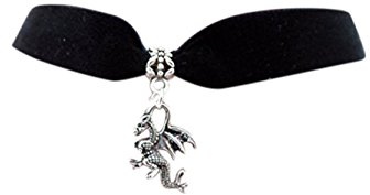 dunns-jewels Classic Gothic Emo Plain Black 16mm Velvet Choker Necklace Chain with a 12mm Tibetan Silver Dragon Charm