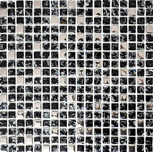 Mosaik, kvadrat, kristallblandning, svart/silver, glasmosaik, genomskinlig 3D, mosaiksten, format: 15 x 15 x 8 mm, bågstorlek: 300 x 300 mm, 10 ark