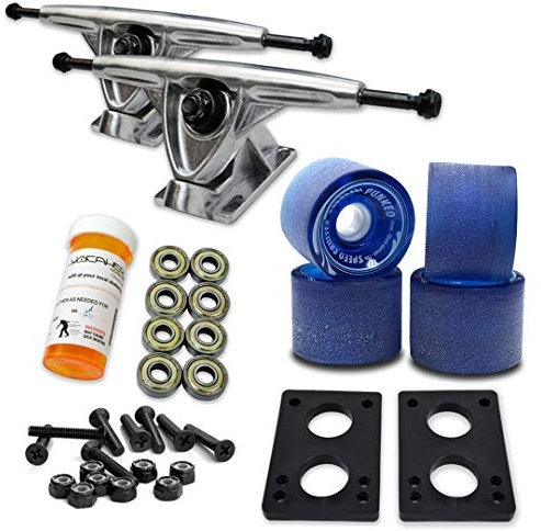 Yocaher Longboard-Skateboard-Trucks-Kombi-Set, 71 mm Räder + 180 mm robuste Aluminium-polierte LKWs, Lager, Riser Pad und Longboard-Hardware-Paket (Gel-blaues Rad und polierte LKWs)