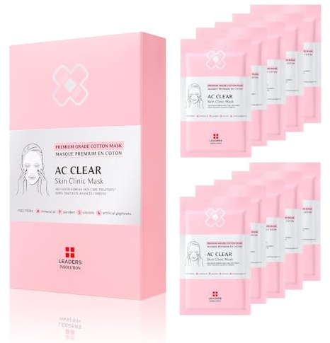 Leaders Insolution AC Clear Skin Clinic Mask | Snail Secretion & Tea Tree Oil for Acne, Redness, Oil Control | 100% Cotton Bemliese Sheet | Balances & Soothes Sensitive Skin (10 Sheets)