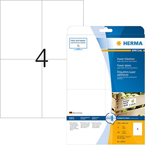 HERMA 10909 Power Etiketten, 25 Blatt, 105 x 148 mm, 4 pro A4 Bogen, 100 Stück, selbstklebend, bedruckbar, extrem stark haftend, blanko Papier Klebeetiketten Aufkleber, weiß