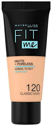 Maybelline New York Make Up, Fit Me! Matte + Poreless Foundation, Mattierend und porenverfeinernd, Alle Hauttypen, Nr. 120 Classic Ivory, 30 ml