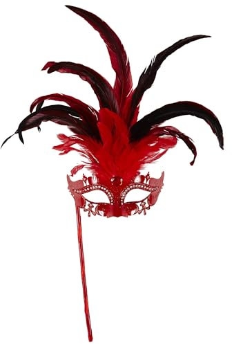 Widmann 04707 - Masque Marchesa avec bâton, Femme Adulte, avec Strass, Paillettes, Pierres précieuses et Plumes, Carnaval vénitien, Couleur Rouge